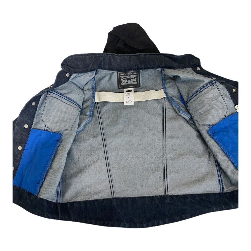 Levis Trucker Jacket with Hide -a- Way Hoodie Size L Dark Blue Logo Snaps Women - Picture 11 of 12